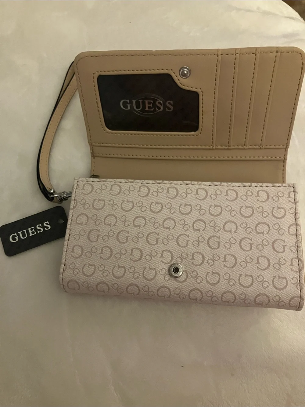 GUESS Beige and Tan Logo-Print Wristlet Clutch